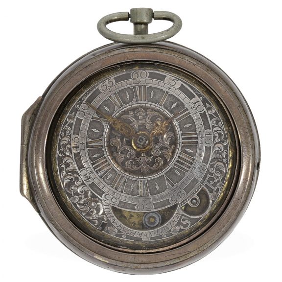 English silver pocket watch with mock pendulum Circa 1690 English silver pocket watch with mock pendulum Circa 1690