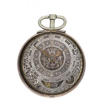 English silver pocket watch with mock pendulum Circa 1690