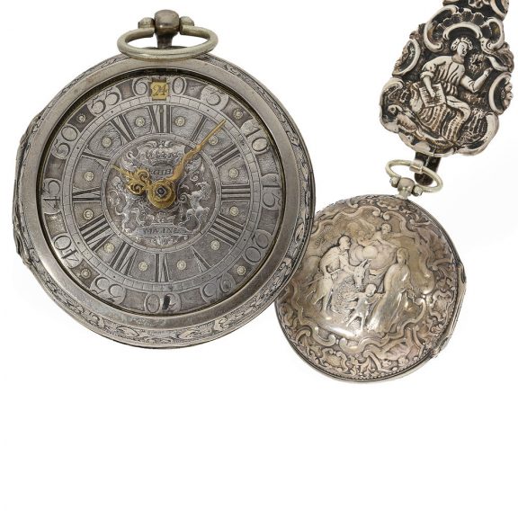 Magnificent German silver repoussé verge watch with chatelaine Circa 1690