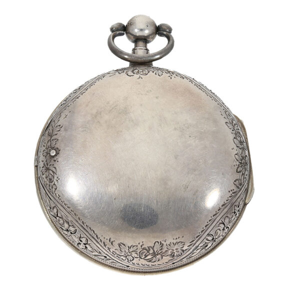 The watch features a silver, high quality open faced case that is adorned with intricate floral designs and boasts fine sound openings The watch features a silver, high quality open faced case that is adorned with intricate floral designs and boasts fine sound openings