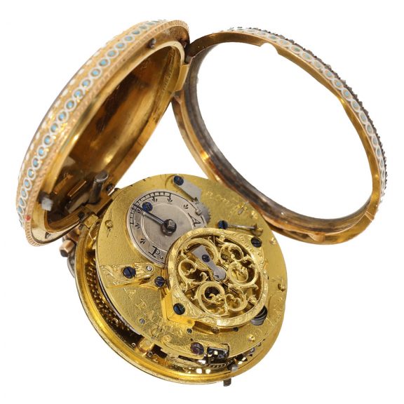 French 18 carat gold and enamel repeater verge watch Circa 1785 French 18 carat gold and enamel repeater verge watch Circa 1785