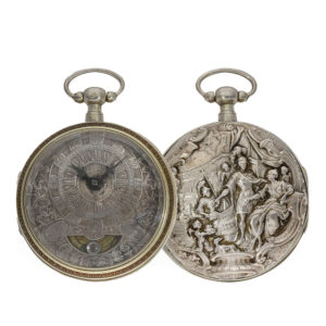 Rare English silver pocket watch with mock pendulum Circa 1700