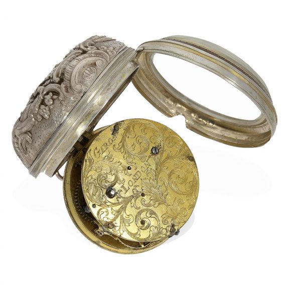 Rare English silver pocket watch with mock pendulum Circa 1700 Rare English silver pocket watch with mock pendulum Circa 1700