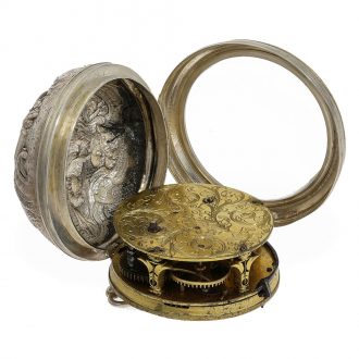 Rare English silver pocket watch with mock pendulum Circa 1700