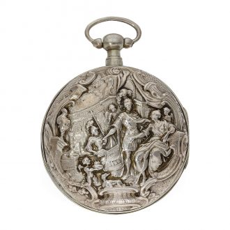 Rare English silver pocket watch with mock pendulum Circa 1700