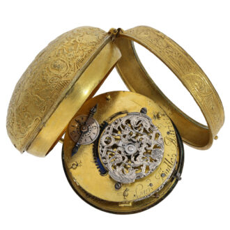The movement of the watch features an early spindle escapement with an unusual movement decoration made of silver