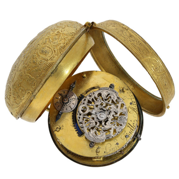 The movement of the watch features an early spindle escapement with an unusual movement decoration made of silver The movement of the watch features an early spindle escapement with an unusual movement decoration made of silver