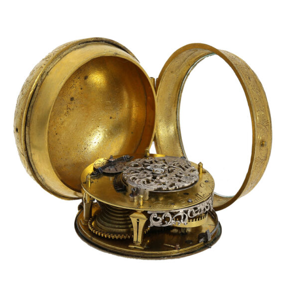 The movement of the watch features an early spindle escapement with an unusual movement decoration made of silver The movement of the watch features an early spindle escapement with an unusual movement decoration made of silver