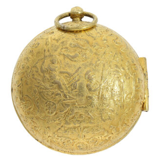 The fire gilt open faced case of the watch is adorned with high relief, depicting a mythological scene with a chariot on the back