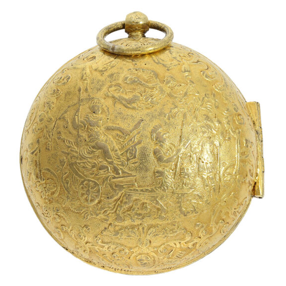 The fire gilt open faced case of the watch is adorned with high relief, depicting a mythological scene with a chariot on the back The fire gilt open faced case of the watch is adorned with high relief, depicting a mythological scene with a chariot on the back
