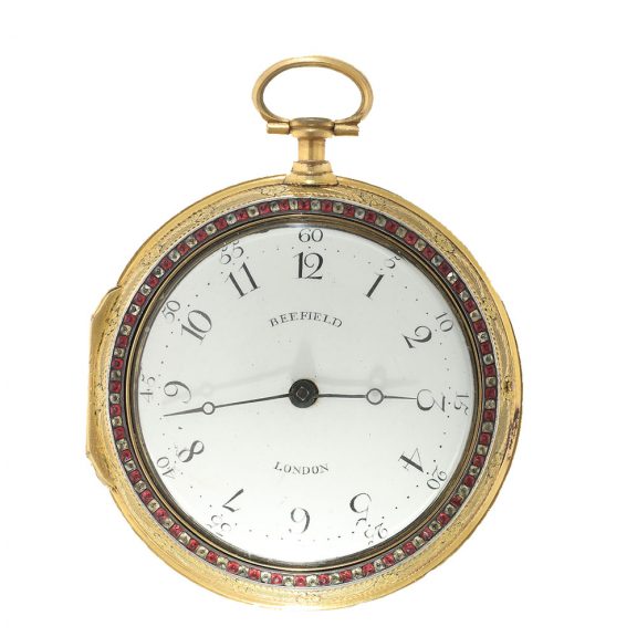 English gilt brass exquisite small enamel coach clock Circa 1780
