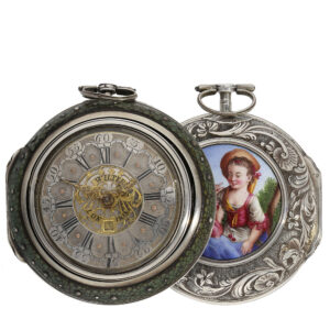 English exceptionally large triple case repoussé verge clock Circa 1760