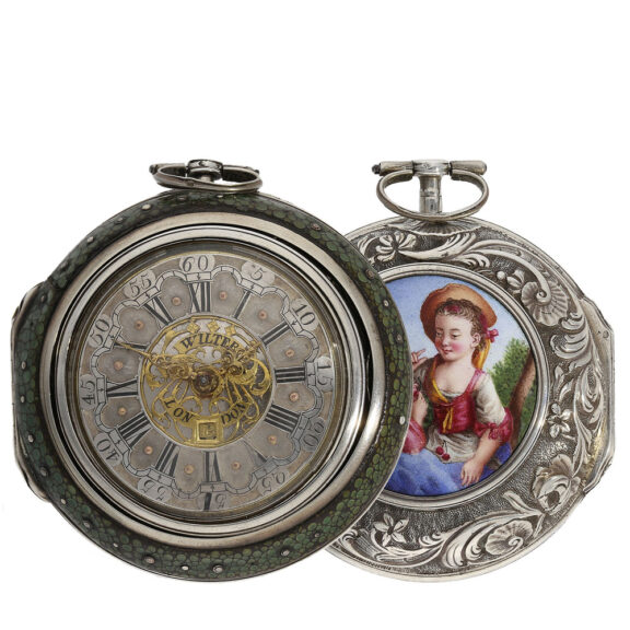 English exceptionally large triple case repoussé verge clock Circa 1760