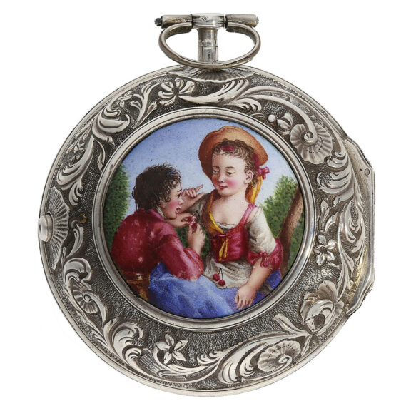 The middle case is adorned with stunning repoussé work and intricate floral motifs. In the center of the middle case is an enamel plaque of exceptional quality, depicting a fine magnifying glass painting of "Die Kirsch Ohr ringe" or "The Cherry Earrings" The middle case is adorned with stunning repoussé work and intricate floral motifs. In the center of the middle case is an enamel plaque of exceptional quality, depicting a fine magnifying glass painting of "Die Kirsch Ohr ringe" or "The Cherry Earrings"