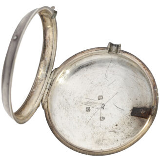 This timepiece boasts a double open faced silver case, adorned with matching Hallmarks from the year 1814