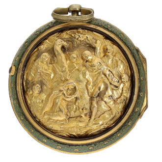 The middle case is made of high quality 18 Carat gold and features exquisite repoussé work of mythological scenes with seven figures and a camel