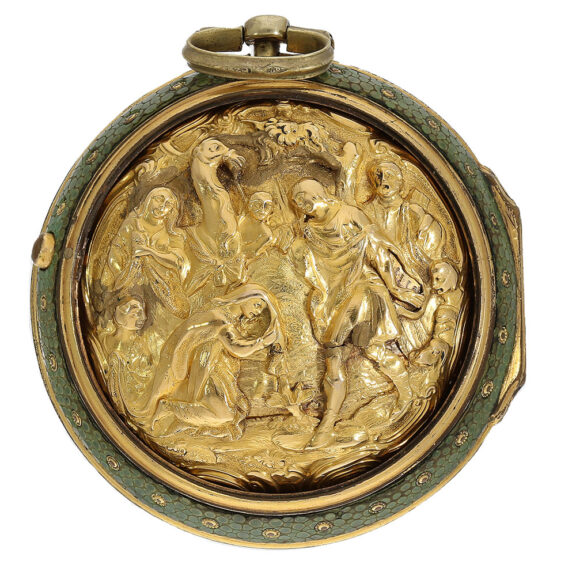 The middle case is made of high quality 18 Carat gold and features exquisite repoussé work of mythological scenes with seven figures and a camel The middle case is made of high quality 18 Carat gold and features exquisite repoussé work of mythological scenes with seven figures and a camel