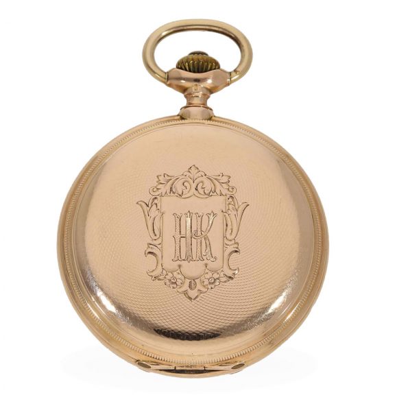Swiss 14 carat gold hunter case watch with chain Circa 1890 Swiss 14 carat gold hunter case watch with chain Circa 1890