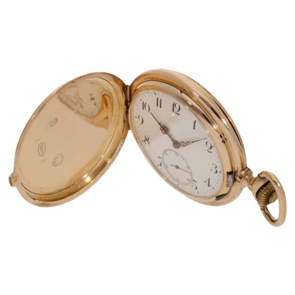 Swiss 14 carat gold hunter case watch with chain Circa 1890 Swiss 14 carat gold hunter case watch with chain Circa 1890