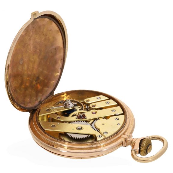 Swiss 14 carat gold hunter case watch with chain Circa 1890 Swiss 14 carat gold hunter case watch with chain Circa 1890