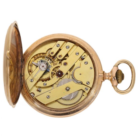 Swiss 14 carat gold hunter case watch with chain Circa 1890 Swiss 14 carat gold hunter case watch with chain Circa 1890