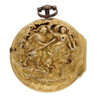 Outer case fantastic repoussé work with extreme high relief, representation of a mythological scene with the goddess Diana