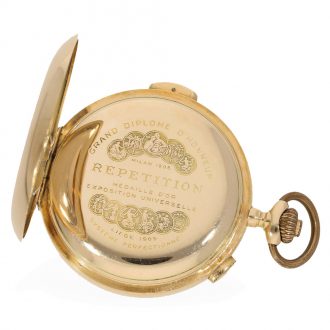 Swiss 14 carat gold full hunter cased quarter repeater watch Circa 1907