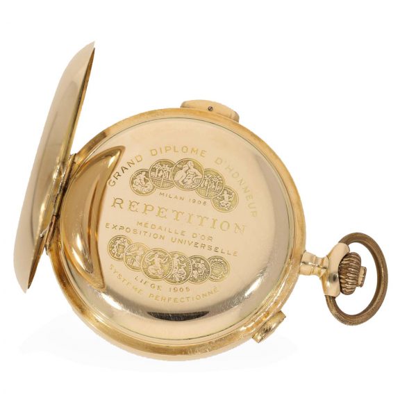 Swiss 14 carat gold full hunter cased quarter repeater watch Circa 1907 Swiss 14 carat gold full hunter cased quarter repeater watch Circa 1907