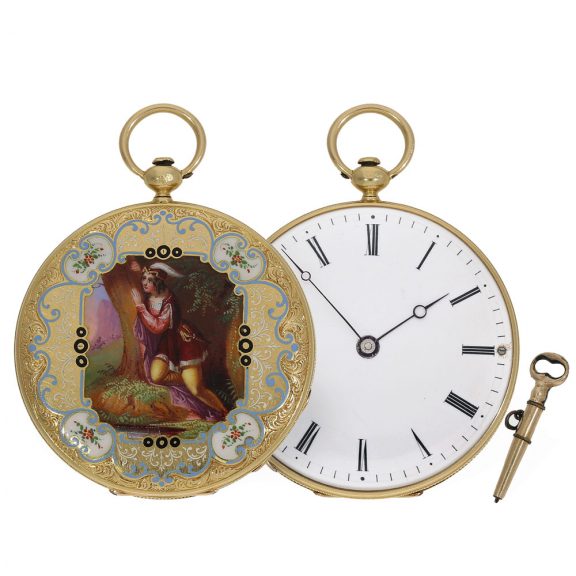Swiss 18 carat gold and enamel lépine watch with Bagnolet caliber Circa 1830 Swiss 18 carat gold and enamel lépine watch with Bagnolet caliber Circa 1830