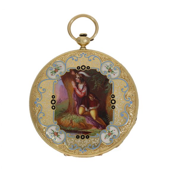 Swiss 18 carat gold and enamel lépine watch with Bagnolet caliber Circa 1830 Swiss 18 carat gold and enamel lépine watch with Bagnolet caliber Circa 1830