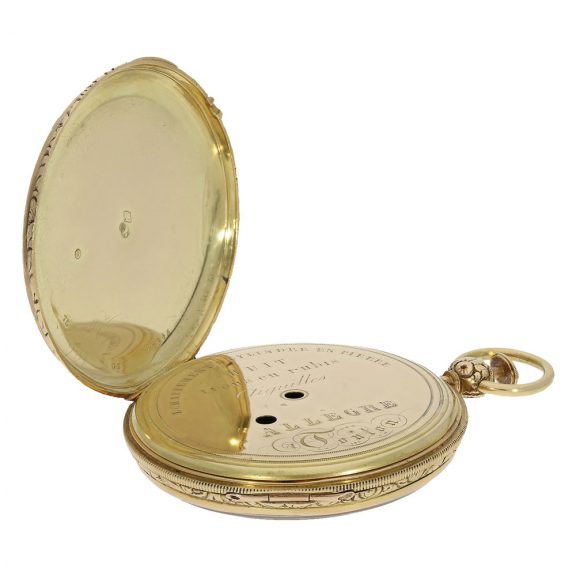 French 18 carat gold and enamel watch with erotic scene Circa 1830 French 18 carat gold and enamel watch with erotic scene Circa 1830
