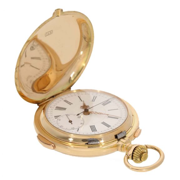 Swiss 14 carat gold hunter cased minute repeater watch Circa 1900 Swiss 14 carat gold hunter cased minute repeater watch Circa 1900