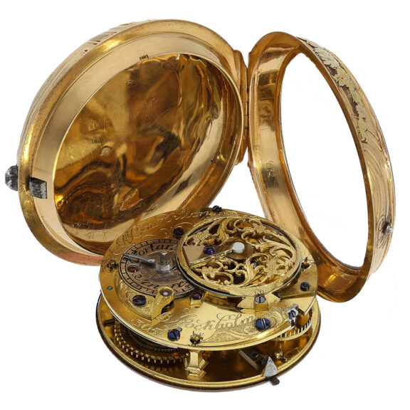 The movement of this clock features a verge escapement and a particularly large balance wheel, ensuring that the clock keeps time accurately and reliably The movement of this clock features a verge escapement and a particularly large balance wheel, ensuring that the clock keeps time accurately and reliably