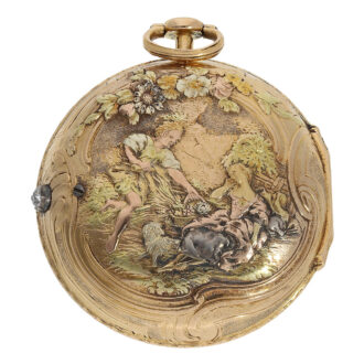 This timepiece boasts an 18 carat gold open faced glazed case adorned with a romantic relief scene on the back, worked in four gold colours and an opening button set with a large diamond