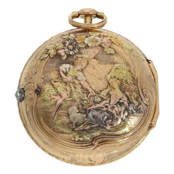 This timepiece boasts an 18 carat gold open faced glazed case adorned with a romantic relief scene on the back, worked in four gold colours and an opening button set with a large diamond This timepiece boasts an 18 carat gold open faced glazed case adorned with a romantic relief scene on the back, worked in four gold colours and an opening button set with a large diamond