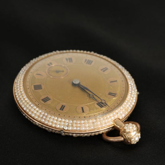 Swiss 18 carat gold pocket watch with Oriental pearl setting Circa 1830 Swiss 18 carat gold pocket watch with Oriental pearl setting Circa 1830