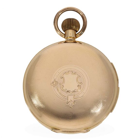 Swiss 14 carat gold hunter cased watch with minute repeater Circa 1895 Swiss 14 carat gold hunter cased watch with minute repeater Circa 1895