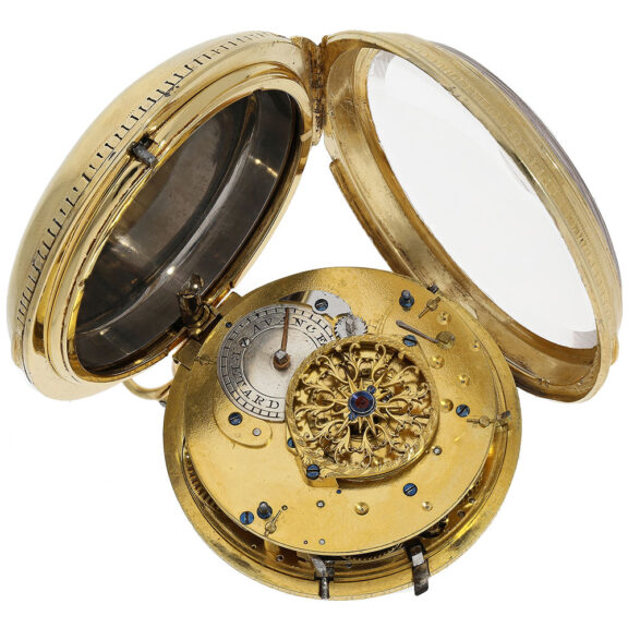 The movement has a verge escapement, bell for the striking mechanism and a quarter hour repeater The movement has a verge escapement, bell for the striking mechanism and a quarter hour repeater