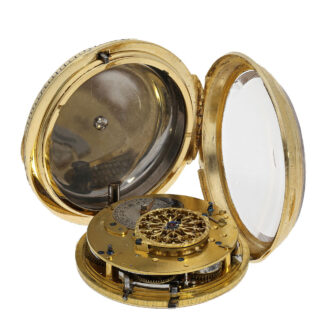 The movement has a verge escapement, bell for the striking mechanism and a quarter hour repeater
