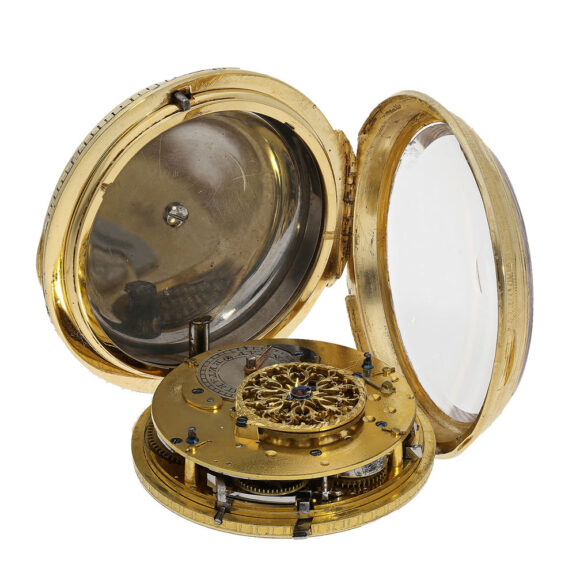 The movement has a verge escapement, bell for the striking mechanism and a quarter hour repeater The movement has a verge escapement, bell for the striking mechanism and a quarter hour repeater
