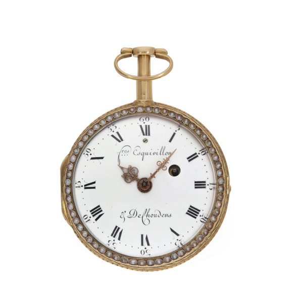 Swiss 18 carat gold and enamel verge watch with pearl setting Circa 1780 Swiss 18 carat gold and enamel verge watch with pearl setting Circa 1780