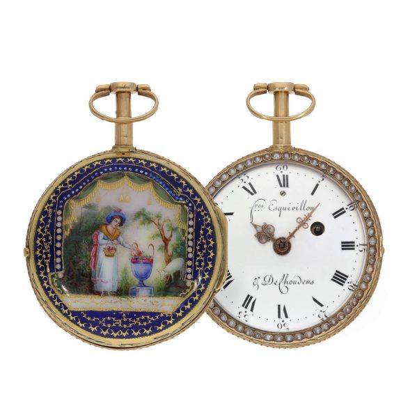 Swiss 18 carat gold and enamel verge watch with pearl setting Circa 1780