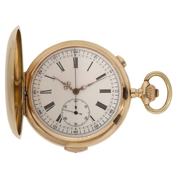 Swiss 14 carat gold full hunter cased watch with chronograph Circa 1900