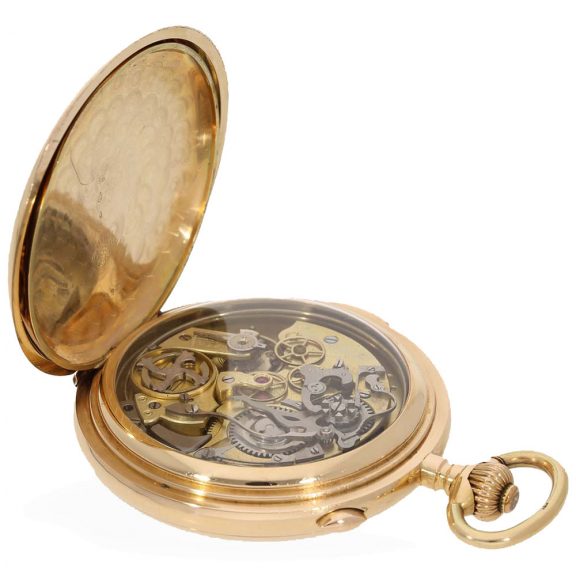 Swiss 14 carat gold full hunter cased watch with chronograph Circa 1900 Swiss 14 carat gold full hunter cased watch with chronograph Circa 1900