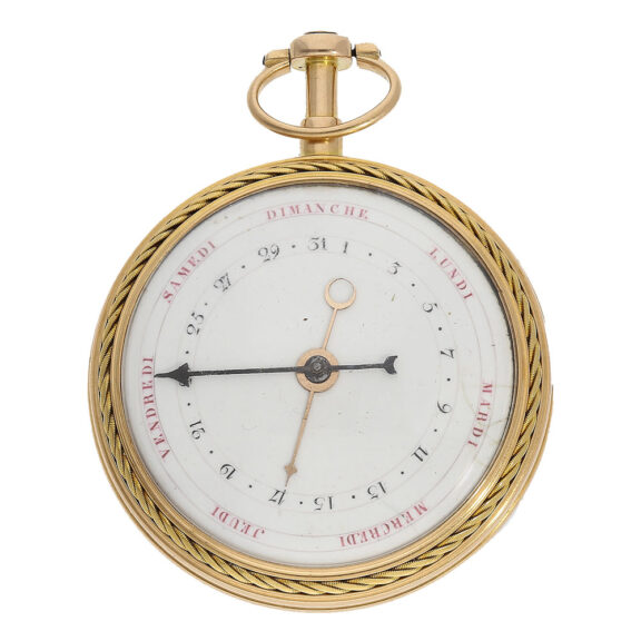 On the back enamel dial with date and display of the day of the week from the centre On the back enamel dial with date and display of the day of the week from the centre