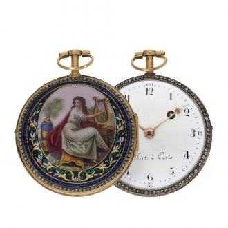 French 18 carat gold verge watch with enamel painting Circa 1780