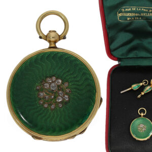 French 18 Carat gold and enamel watch in original box Circa 1850