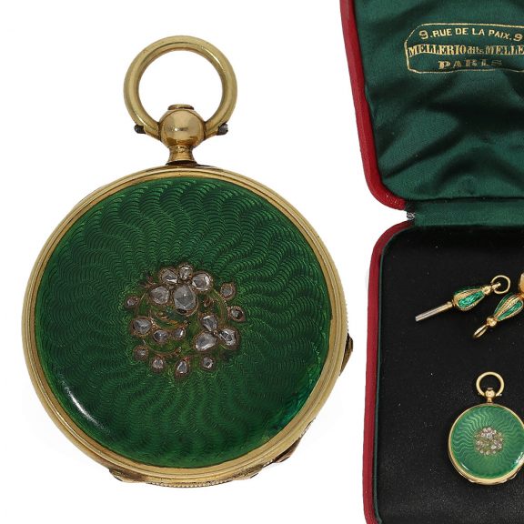 French 18 Carat gold and enamel watch in original box Circa 1850