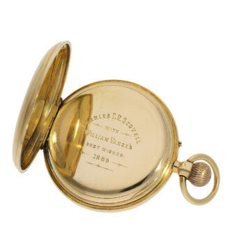 This watch boasts an 18 Carat gold plain case with Hallmarks London 1885 and a dustcover with a dedication from 1886