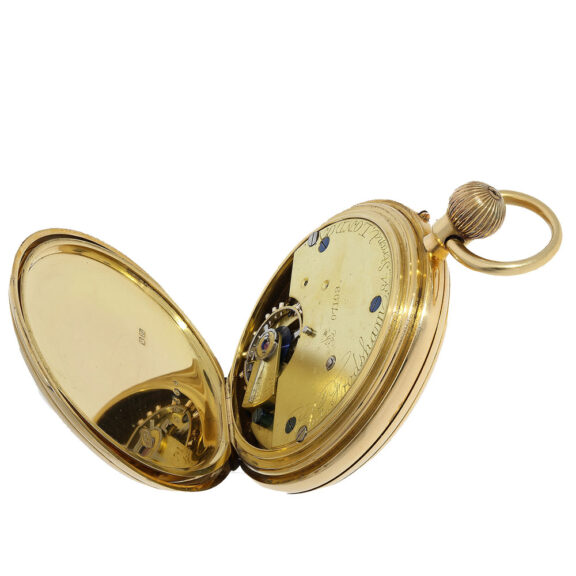 This watch boasts an 18 Carat gold plain case with Hallmarks London 1885 and a dustcover with a dedication from 1886 This watch boasts an 18 Carat gold plain case with Hallmarks London 1885 and a dustcover with a dedication from 1886